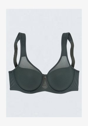 Dark green padded bra with adjustable straps, mesh upper cups, and a small decorative bow at the center front.