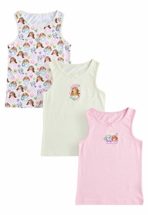 Drei Kinder-Tanktops: eines weiß mit einem bunten Cartoon-Muster, eines hellgrün mit einem Charakterdruck und eines rosa mit „Paw Patrol“.}}