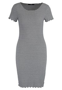 Sukienka w czarno-białe paski, krótki rękaw, dekolt w kształcie łódki, prążkowana faktura, dopasowany kształt oraz ozdobny brzeg w kształcie fal. 
