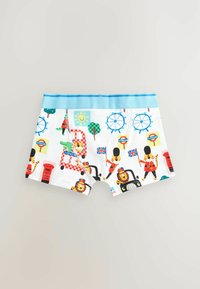 Pojkars bomullsboxershorts med vit bas och färgglada tryck som har Londons teman, blå midja och lekfulla lejonkaraktärer.
