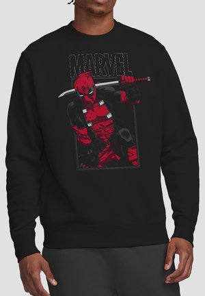 Schwarzer Sweatshirt mit einer rot-schwarzen Deadpool-Grafik, die ein Schwert hält, mit Marvel-Text über der Figur.