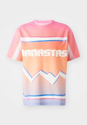 Short-sleeve, lightweight t-shirt in gradient shades of pink and orange, featuring bold white text and geometric blue and white patterns.
