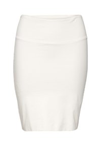 Weißer knielanger Rock aus weichem, elastischem Stoff mit einem elastischen Bund. Nahtloses Design, glatte Textur und einfache Silhouette.