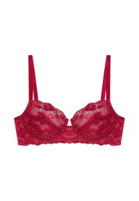 Rød blonde bh med bøjle, halvgennemsigtige kopper, justerbare stropper og scallop-detaljer. Har et blomster mønster og en glat tekstur.