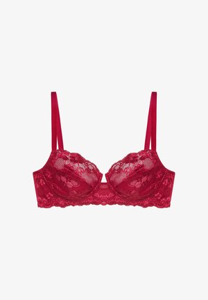 Czerwy stanik z koronką, z fiszbinami, półprzezroczystymi miseczkami, regulowanymi ramiączkami i falbaniastym wykończeniem. Posiada kwiatowy wzór i gładką fakturę.