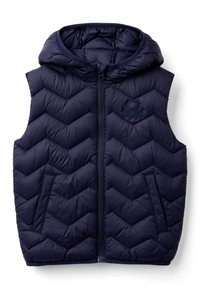 Gilet imbottito blu navy con cappuccio, caratterizzato da un motivo a zigzag trapuntato, chiusura frontale con zip e tasche laterali, con un accento di logo ricamato.