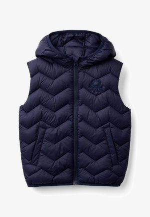 Marineblauer gepolsterter Weste mit Kapuze, featuring ein Zickzacksteppmuster, Frontreißverschluss und Seitentaschen, mit einem gestickten Logoakzent.