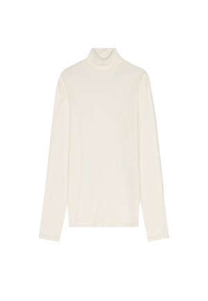 Long-sleeve, high-neck top in soft, cream-colored fabric. Features a slim fit and smooth texture with no visible patterns or accents.