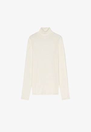 Maglietta a maniche lunghe e collo alto in morbido tessuto color crema. Presenta una vestibilità slim e una texture liscia senza motivi o accenti visibili.