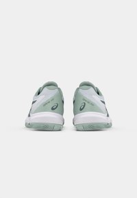 Sport shoes featuring a light gray and mint green design, with mesh fabric upper, cushioned sole, and textured rubber outsole for grip.