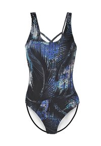 Maillot de bain une pièce avec un motif de feuilles de palmier bleu et noir, fabriqué en matériau extensible avec un design de bretelles croisées à l'arrière.