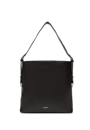 Borsa a tracolla rettangolare nera con tracolla regolabile e piccolo logo argentato "JENNY" al centro della parte anteriore.