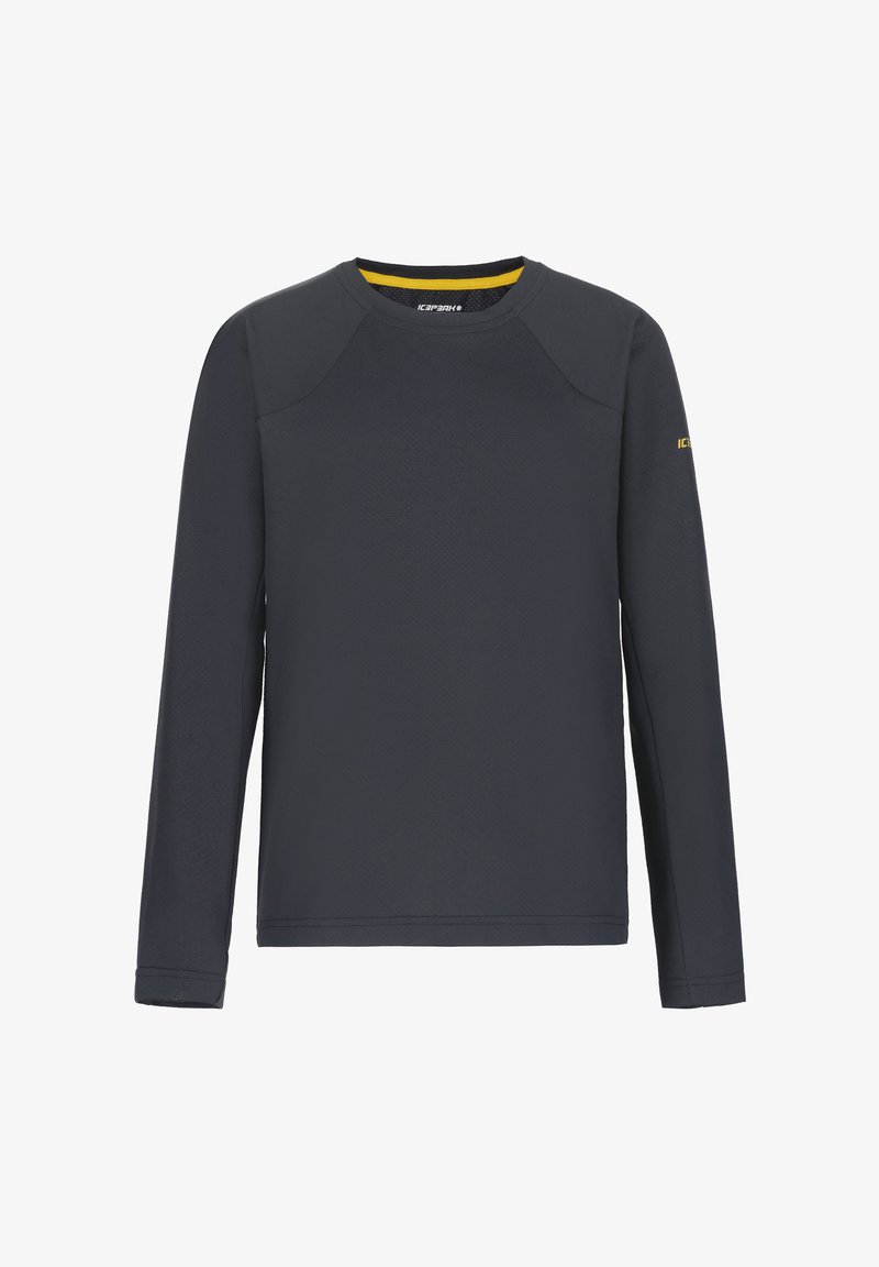 Langärmliges Shirt in dunkelgrau, aus strukturiertem Stoff gefertigt, mit rundem Ausschnitt und gelbem Akzent an der Schulter.