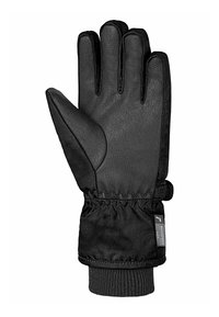 Svarta handskar med en texturerad läderhandflata, mjukt tyg på baksidan, elastisk handled och en vattentät etikett. Designade för värme och grepp.