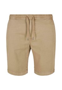 Shorts décontractés beiges avec taille élastique et cordon de serrage, affichés sur fond blanc.