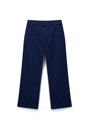 Marineblaue Hose mit geradem Bein, Knopf- und Reißverschluss, Fronttaschen und Gürtelschlaufen, auf weißem Hintergrund dargestellt.