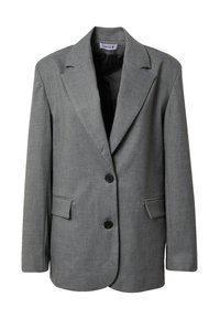 Grauer Blazer aus strukturiertem Stoff, ausgestattet mit einem Reverskragen, zwei Fronttaschen und einem Zwei-Knopf-Verschluss.