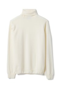 Cremefarbener Rollkragenpullover aus weichem Strickstoff. Verfügt über lange Ärmel mit gerippten Bündchen und einen eng anliegenden Kragen. Glatte Textur, ohne Muster.