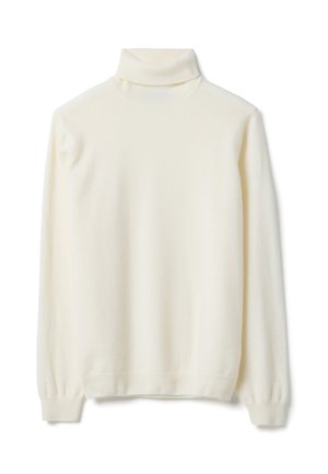 Roomkleurige coltrui gemaakt van zachte, gebreide stof. Heeft lange mouwen met geribbelde boorden en een aansluitende hals. Gladde textuur, zonder patronen.