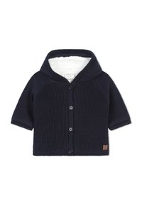 Cardigan en tricot bleu marine avec une capuche, des manches courtes et des boutons sur le devant ; doublure intérieure douce et petit patch logo en bas à droite.