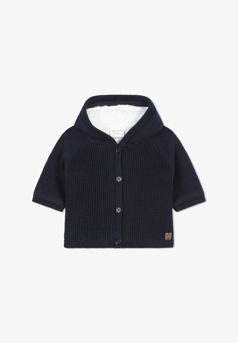 Cardigan en tricot bleu marine avec une capuche, des manches courtes et des boutons sur le devant ; doublure intérieure douce et petit patch logo en bas à droite.