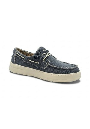 Scarpa da barca casual da uomo con tomaia in tessuto blu navy, lacci beige, bordi sfrangiati e suola spessa in gomma beige.