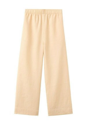 Pantalon beige à jambes larges avec taille élastique, en tissu léger, présenté à plat sur fond blanc.
