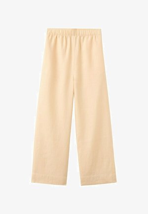 Pantalon beige à jambes larges avec taille élastique, en tissu léger, présenté à plat sur fond blanc.