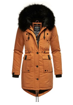 Orange padded parka with black faux fur hood, zipper and button closure, two front pockets, drawstring waist, and ribbed cuffs.
