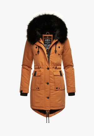 Oranž parka pehmendusega musta tekstiilmaterjalist kapuutsiga, lukuga ja nupuvajutusega sulgemine, kaks eestpoolt taskut, nööriga vöökoht ja soonilised varrukad.