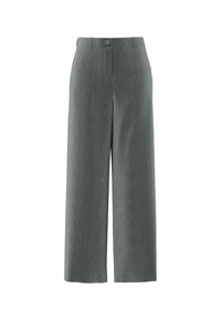 Pantaloni ampi in tessuto grigio testurizzato. Presentano una chiusura frontale con bottone e un vita alta. Design sartoriale senza tasche visibili.