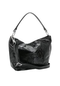 Black patent leather handbag with a curved, structured shape. Features a single shoulder strap and silver hardware accents.