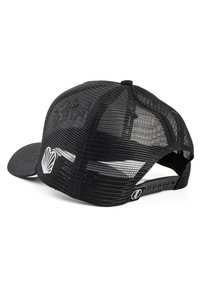 Black mesh snapback cap featuring a solid black front, curved brim, and white shell design on the side. Adjustable strap at the back.
