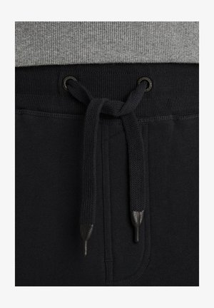 Close-up of black sweatpants with a tied black drawstring and ribbed waistband beneath a grey shirt hem.