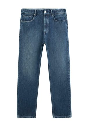 Donkere blauwe denim jeans met rechte pijpen, voorzien van een knoopsluiting aan de voorkant, ritssluiting, riemlussen en vijfzakkenontwerp, afgebeeld tegen een witte achtergrond.