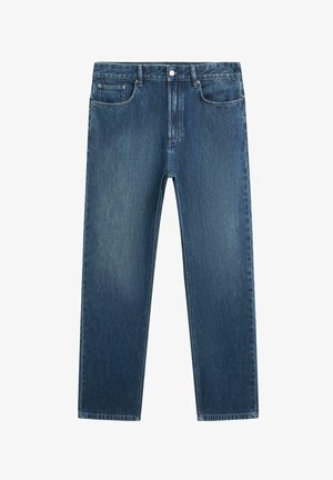 Donkere blauwe denim jeans met rechte pijpen, voorzien van een knoopsluiting aan de voorkant, ritssluiting, riemlussen en vijfzakkenontwerp, afgebeeld tegen een witte achtergrond.