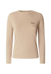 Bež pikk-sleeve särk, millel on soonikuline tekstuur, ümar kaelus ja must tikandlogoga vasakul küljel.