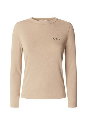 Chemise beige à manches longues avec une texture côtelée, un col rond et un logo noir brodé sur le côté gauche.