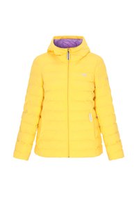 Giubbotto puffer giallo con zip frontale, cappuccio e rivestimento viola. Presenta un logo sul petto e un'etichetta sul lato. Design a trapunta testurizzata.