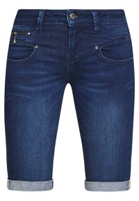 Mörkblå denimshorts med uppvikta fållar, framzipper, knappstängning, bälteshällor och en liten zippered ficka på höger sida.