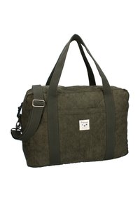 Mørkegrøn fløjl duffelbag med to håndtag, justerbar skulderrem, forlommer og et lille Kidzroom-mærke med stjerner.
