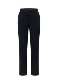 Pantalon de survêtement noir à jambes droites avec taille élastique et cordon de serrage à l'avant, arborant des détails subtils sur les coutures latérales.