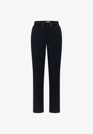 Czarne spodnie dresowe o prostych nogawkach z elastycznym pasem i przednim sznurkiem, z subtelnym detalem szwów bocznych.