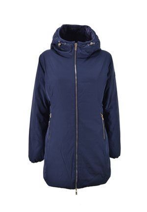 Giacca imbottita blu navy con cappuccio, chiusura frontale con zip, polsini elasticizzati e due tasche laterali con zip. Tessuto liscio, materiale leggero.