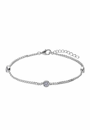 Delicate zilveren kettingarmband met drie kleine ronde heldere stenen gelijkmatig verdeeld en een karabijnsluiting met een verstelbare ketting.