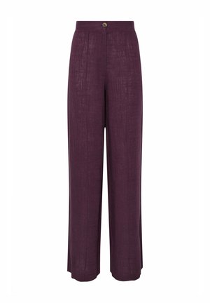 Wide-leg trousers in dark purple linen, featuring a button closure at the waist, vertical texture, and a relaxed fit.