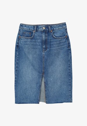 Gonna a tubino in denim di blu medio. Presenta uno spacco frontale, cinque tasche, passanti per cintura e cuciture in contrasto. Altezza vita standard.