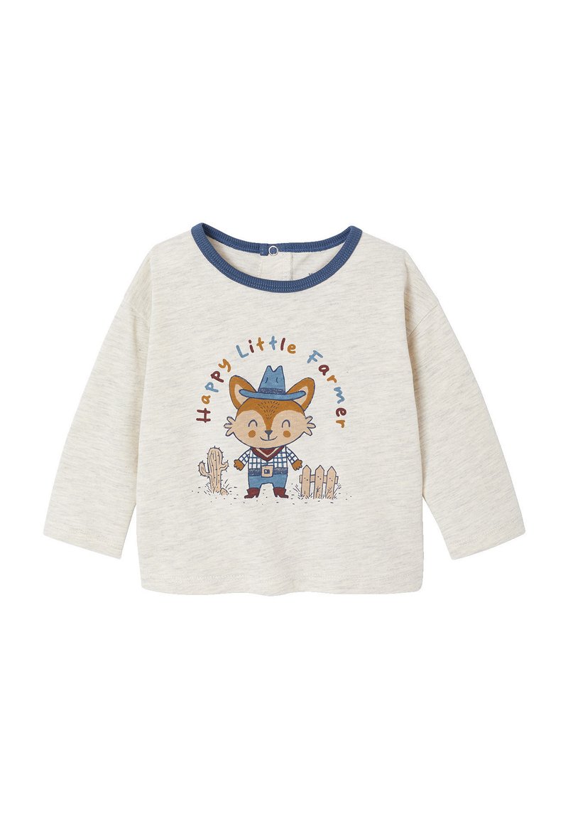 Langärmliges cremefarbenes T-Shirt mit einem blauen Kragen, das einen Cartoonfuchs in einem karierten Hemd und Hut zeigt. Der Text lautet „Fröhlicher kleiner Bauer.“
