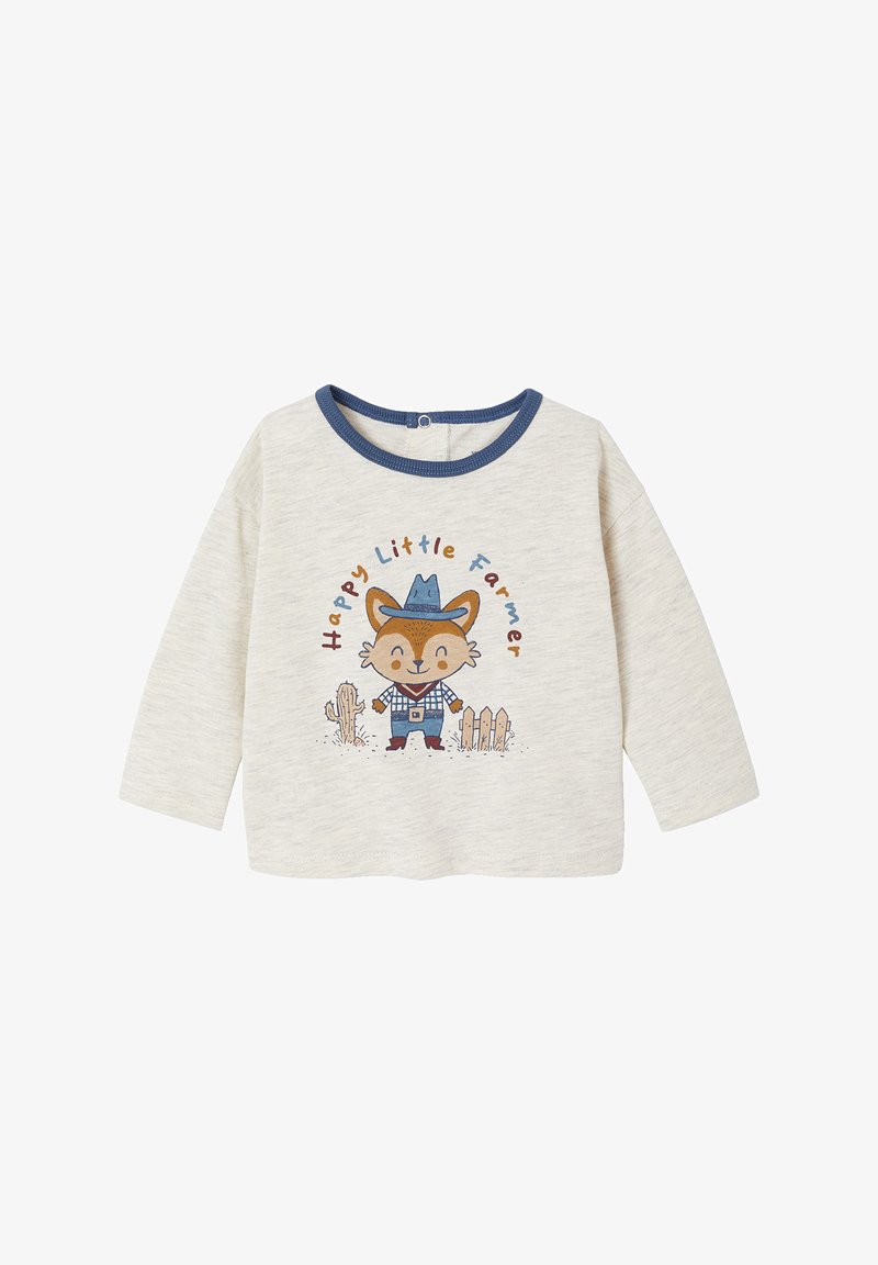 Langärmliges cremefarbenes T-Shirt mit einem blauen Kragen, das einen Cartoonfuchs in einem karierten Hemd und Hut zeigt. Der Text lautet „Fröhlicher kleiner Bauer.“