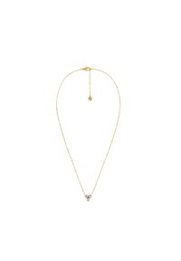 Kultaketju, jossa on kolme toisiinsa linkitettyä pyöreää riipusta, joissa on pieniä kristalleja, hienostunut muotoilu ja säädettävä pituus.